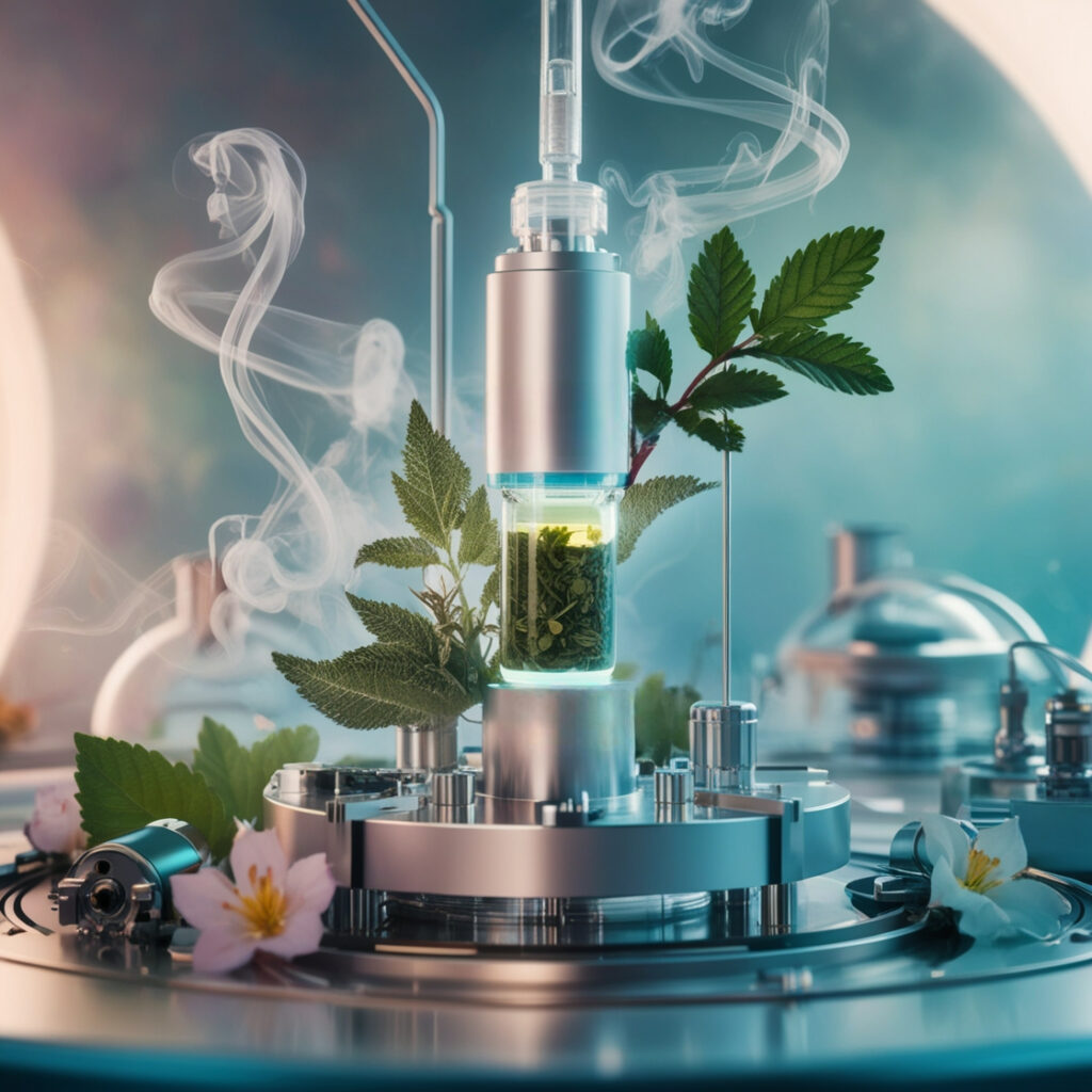 Artistic lab setup combining glass equipment and green leaves, symbolizing biotech innovation and sustainable chemistry