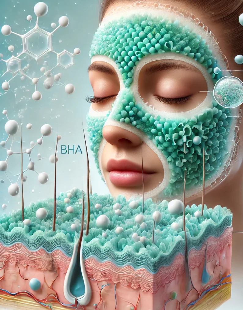 Scientific illustration of a nanofiber skin mask infused with AHA and BHA, used for acne treatment