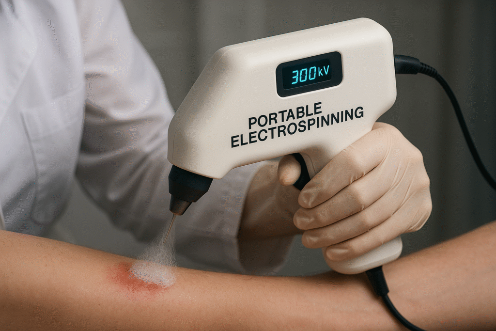 Portable electrospinning device applying nanofibers through a handheld unit connected to a power pack.